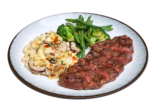 GARLIC BUTTER STEAK WITH CHEESY MUSHOOM PASTA